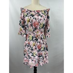 Lulus Hello Darling Mini Dress Pink Blush Green Floral Print Small Off Shoulder